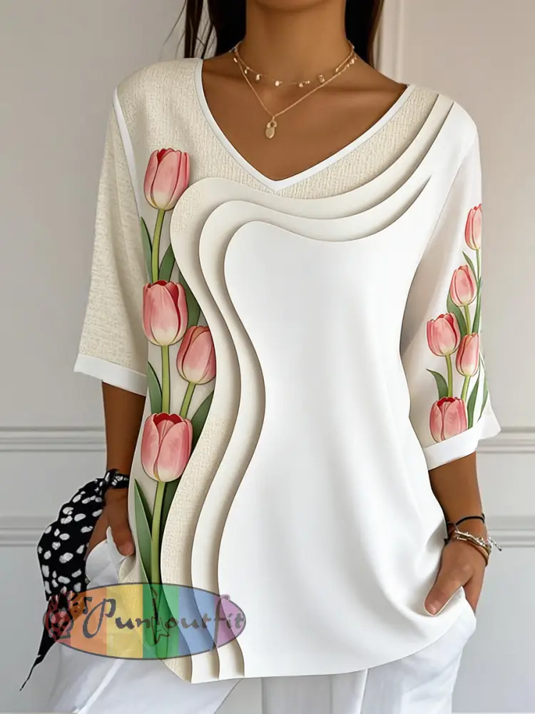 Women’s 3D-printed tulip Mother’s Day Gift Casual V-neck T-shirt