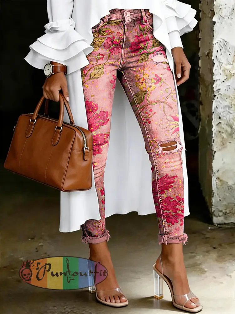 Women’s Artistic Floral Print Jeans