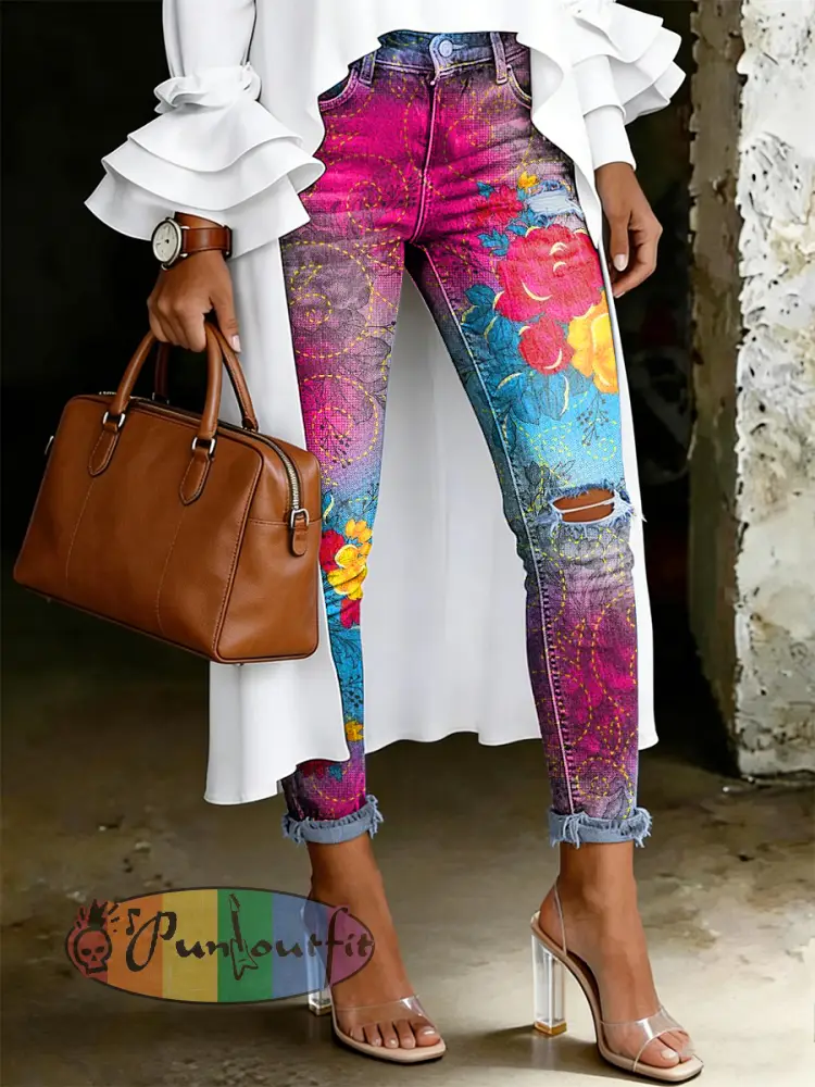 Women’s Artistic Floral Print Jeans