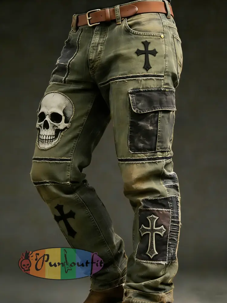 Men’s Retro Vacation Business Skull Art Print Casual Workwear Trousers