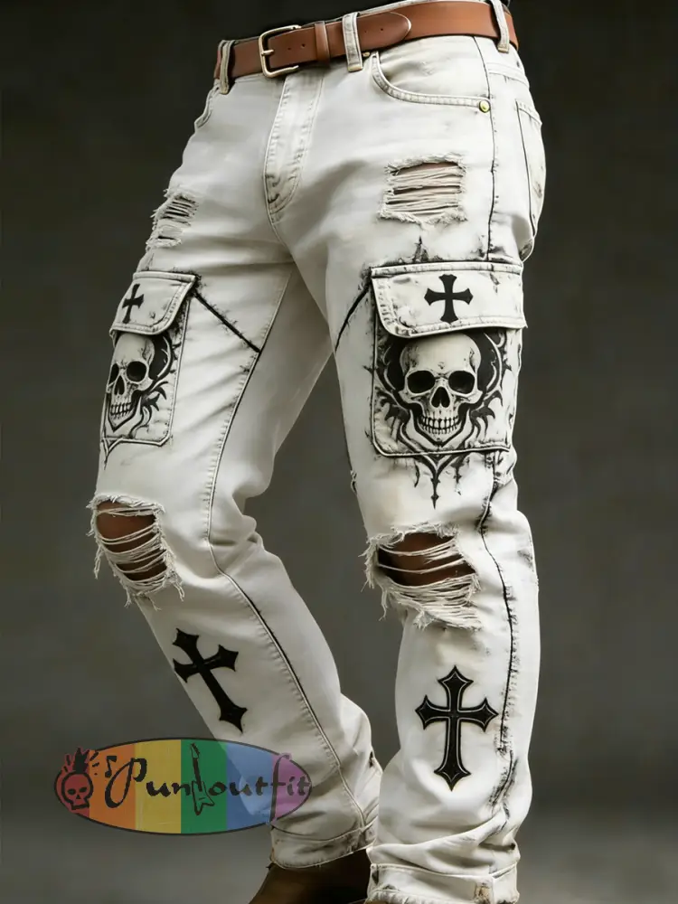 Men’s Retro Vacation Business Skull Art Print Casual Workwear Trousers