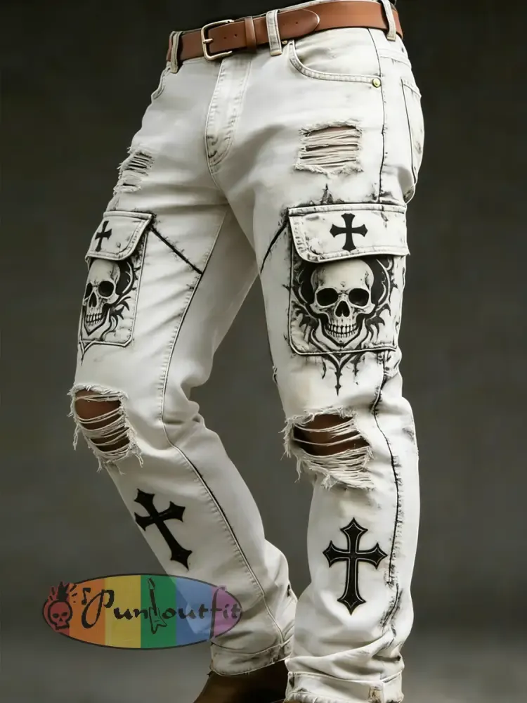Men’s Retro Vacation Business Skull Art Print Casual Workwear Trousers