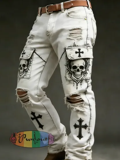 Men’s Retro Vacation Business Skull Art Print Casual Workwear Trousers