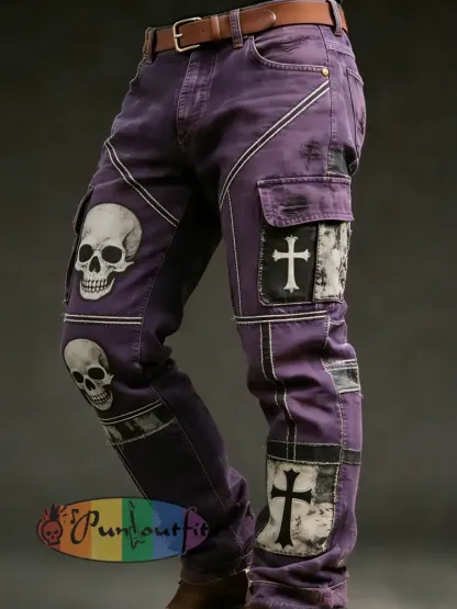 Men’s Retro Vacation Business Skull Art Print Casual Workwear Trousers