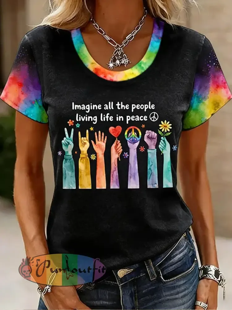 Women’s Imagine All The People Living Life In Peace Print Casual Tee