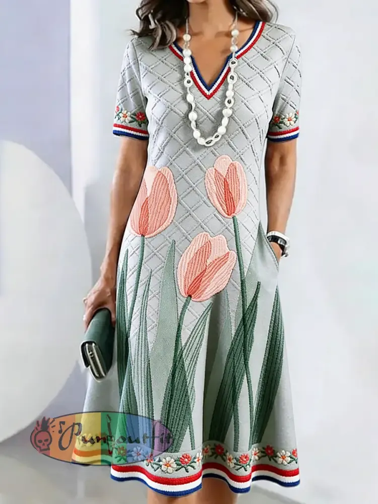 Women’s Grey Checked Tulip Print Mothers’ Day Gift Fashion V-neck Dress