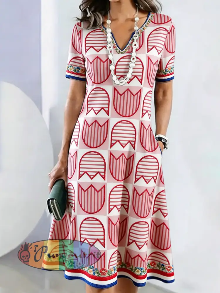 Women’s Checked Tulip Print Mother’s Day Gift Casual V-neck Dress