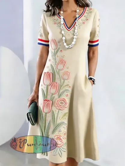 Women’s Dutch Flag Tulip Print Mother’s Day Gift Fashion V-neck Dress