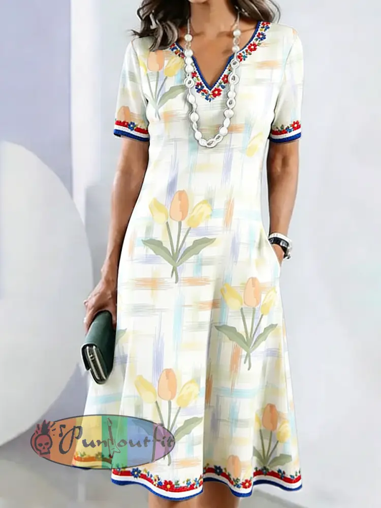 Women’s Tulip Print Mother’s Day Gift Casual V-neck Dress