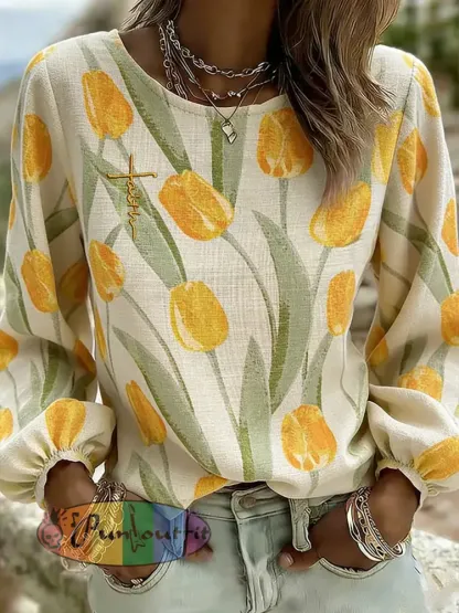 Women’s Faith Flowers Cotton And Linen Long Sleeve