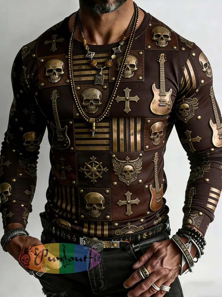 Men’s Retro Punk Style Skull Cross Patchwork Printed Comfortable Sweatshirt