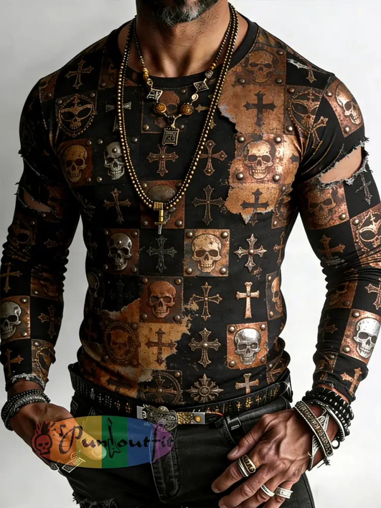 Men’s Retro Punk Style Skull Cross Patchwork Printed Comfortable Sweatshirt