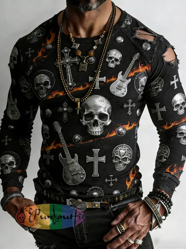Men’s Retro Punk Style Skull Cross Patchwork Printed Comfortable Sweatshirt