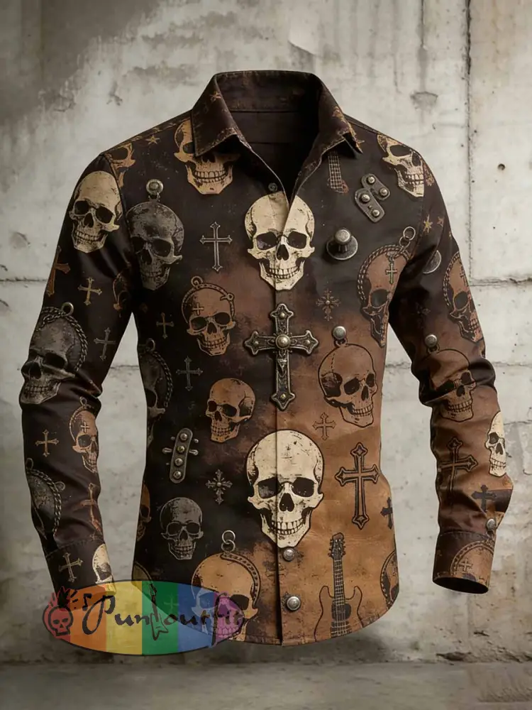 Men’s Retro Punk Style Skull Cross Patchwork Printed Comfortable Shirt
