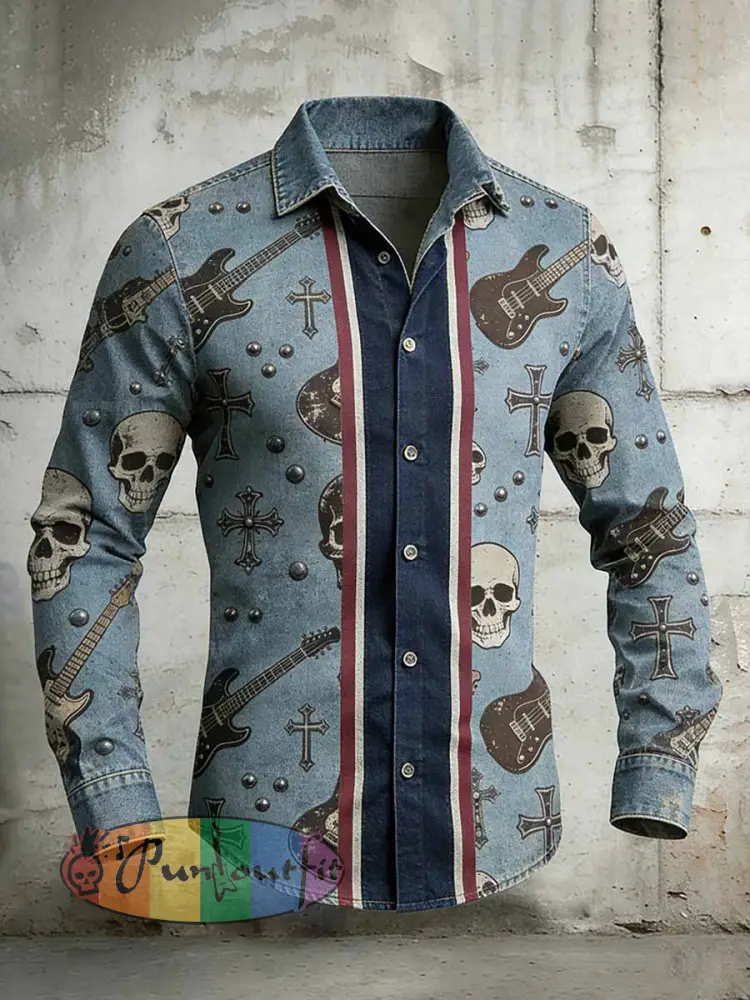 Men’s Retro Punk Style Skull Cross Patchwork Printed Comfortable Shirt