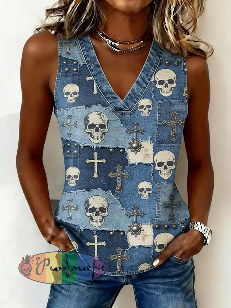 Women’s Retro Punk Rock Skull Patchwork Print Comfortable Tank Top