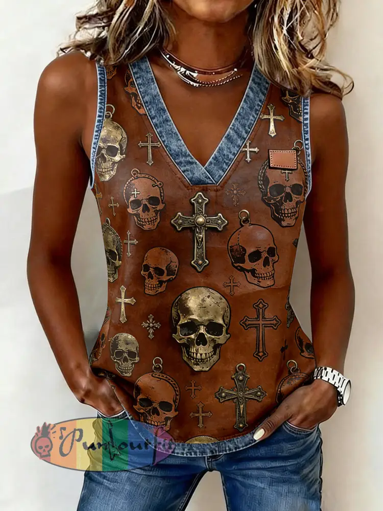 Women’s Retro Punk Rock Skull Patchwork Print Comfortable Tank Top