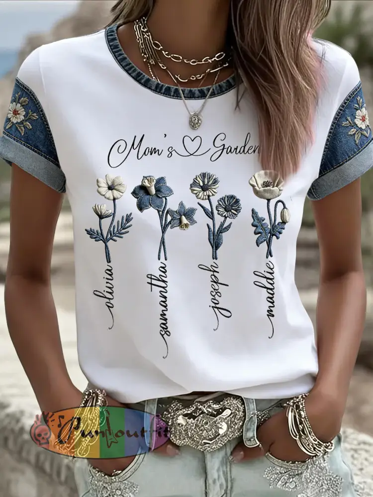 Women’s Retro Mother’s Day Denim Floral Casual T-Shirt