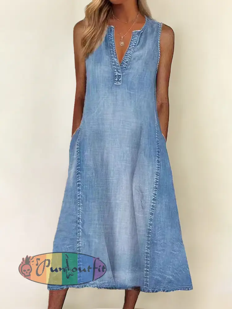 Women’s Casual Elegant Sleeveless V-Neck Denim Dress