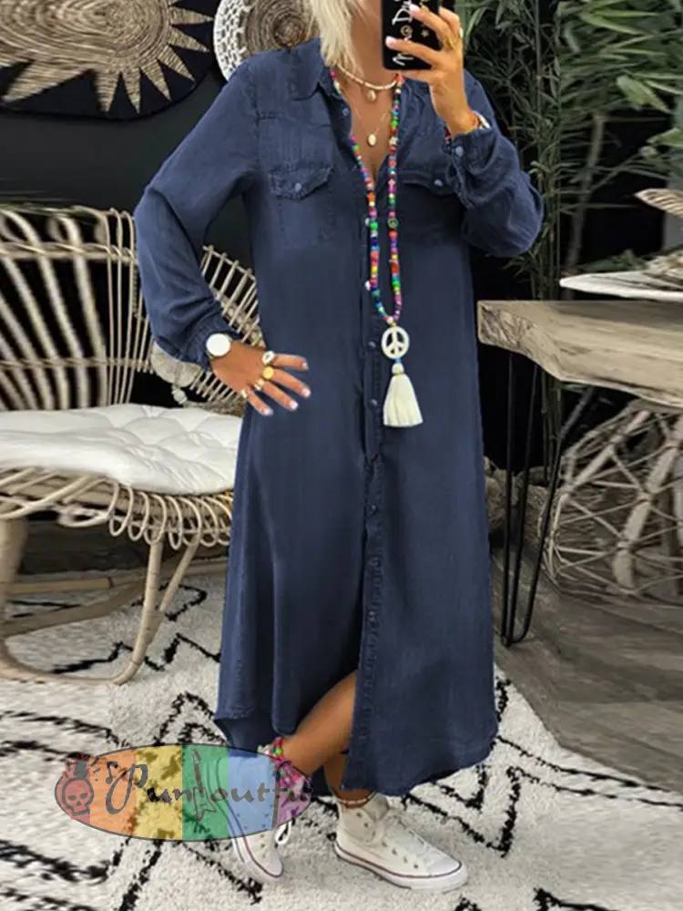 Women’s Casual Elegant Long Denim Shirt Dress