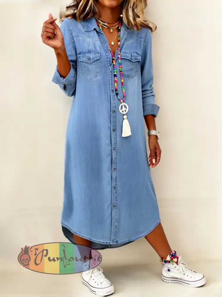 Women’s Casual Elegant Long Denim Shirt Dress