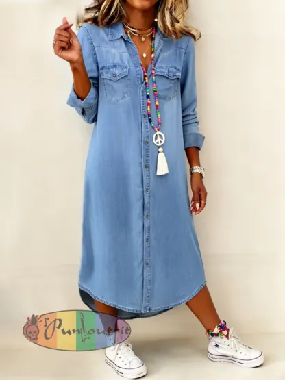 Women’s Casual Elegant Long Denim Shirt Dress