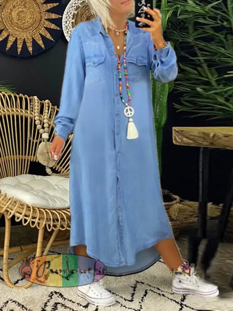Women’s Casual Elegant Long Denim Shirt Dress