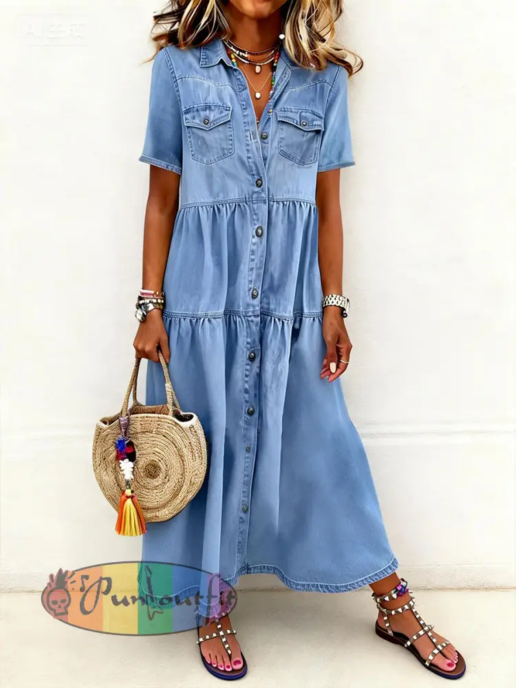Women’s Casual Elegant Long Denim Shirt Dress