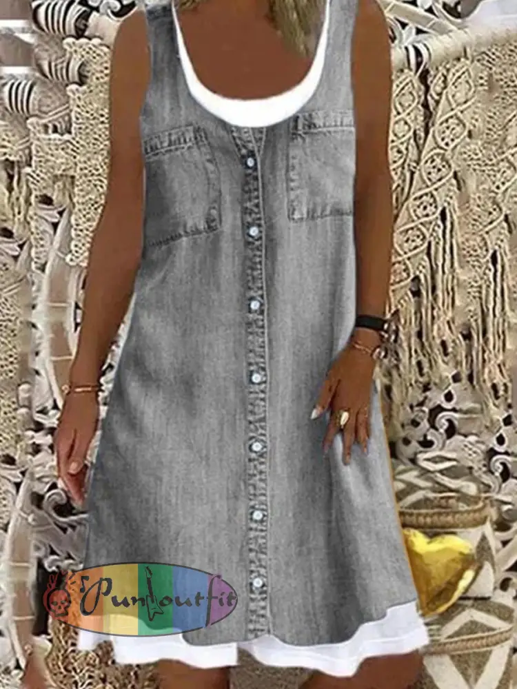 Women’s Denim-Look Print Faux Two-Piece Dress