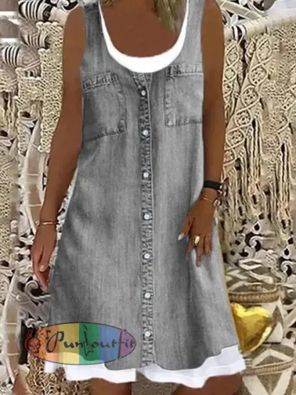Women’s Denim-Look Print Faux Two-Piece Dress