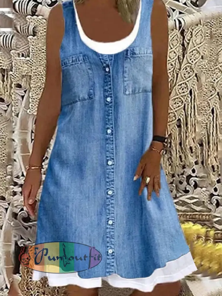 Women’s Denim-Look Print Faux Two-Piece Dress