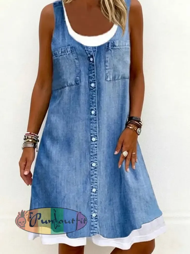 Women’s Denim-Look Print Faux Two-Piece Dress