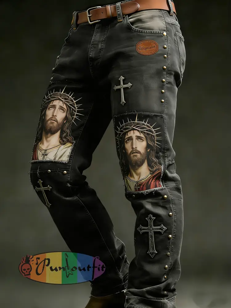 Men’s Retro Vacation Business Faith Art Print Casual Workwear Trousers