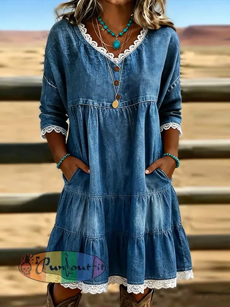 Vintage Floral Art Printed Round Neck Loose Lace Splicing Midi Dress