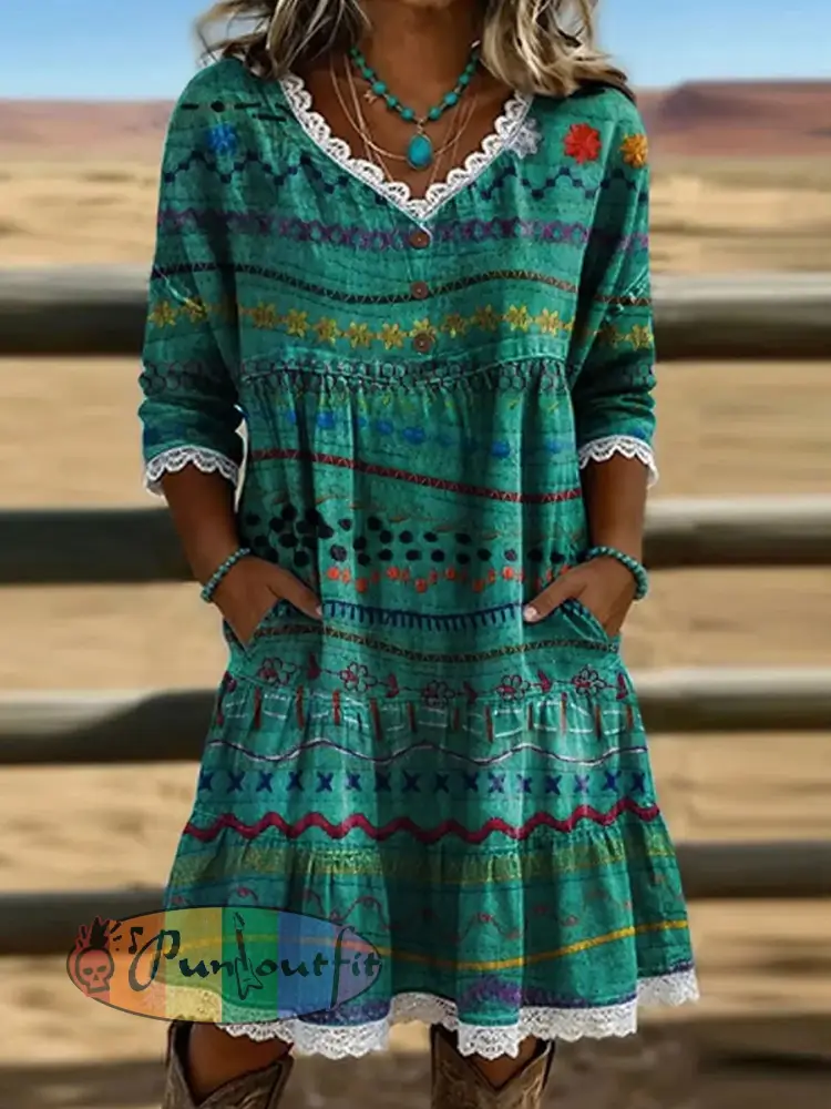 Vintage Floral Art Printed Round Neck Loose Lace Splicing Midi Dress