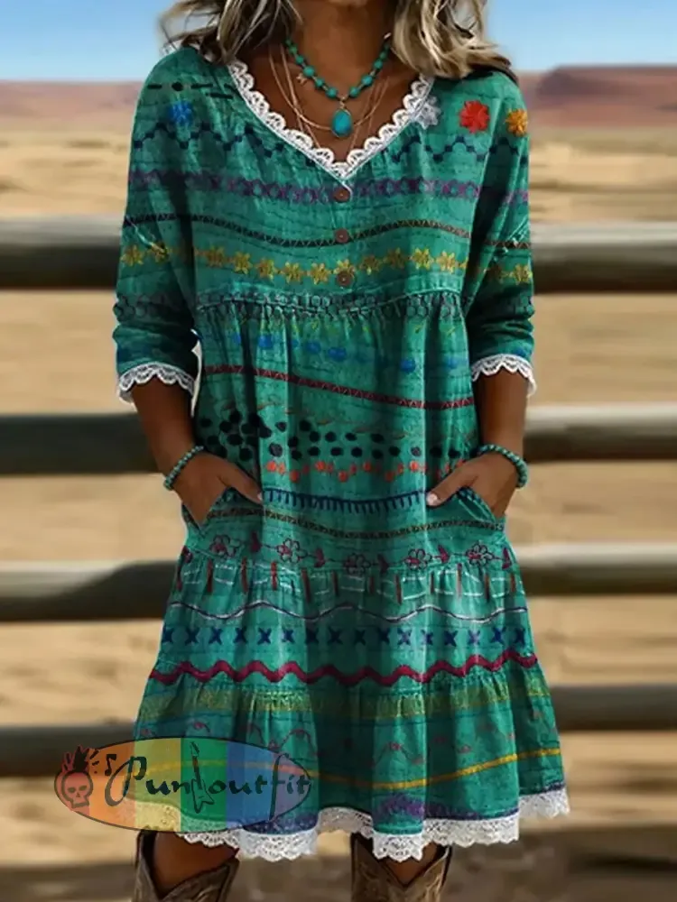 Vintage Floral Art Printed Round Neck Loose Lace Splicing Midi Dress