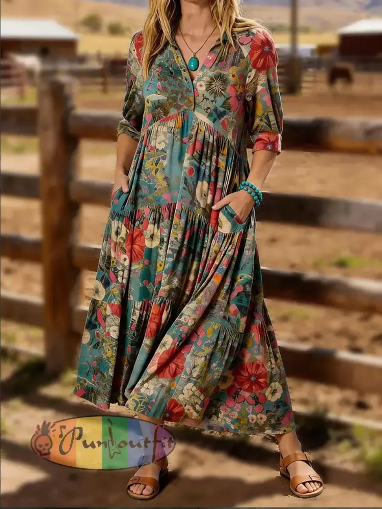 Vintage Floral Print V-Neck Short Sleeve Midi Dress