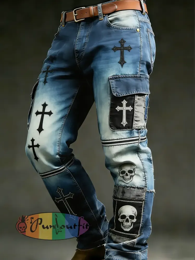 Men’s Retro Vacation Business Punk Art Print Casual Workwear Trousers
