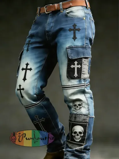 Men’s Retro Vacation Business Punk Art Print Casual Workwear Trousers