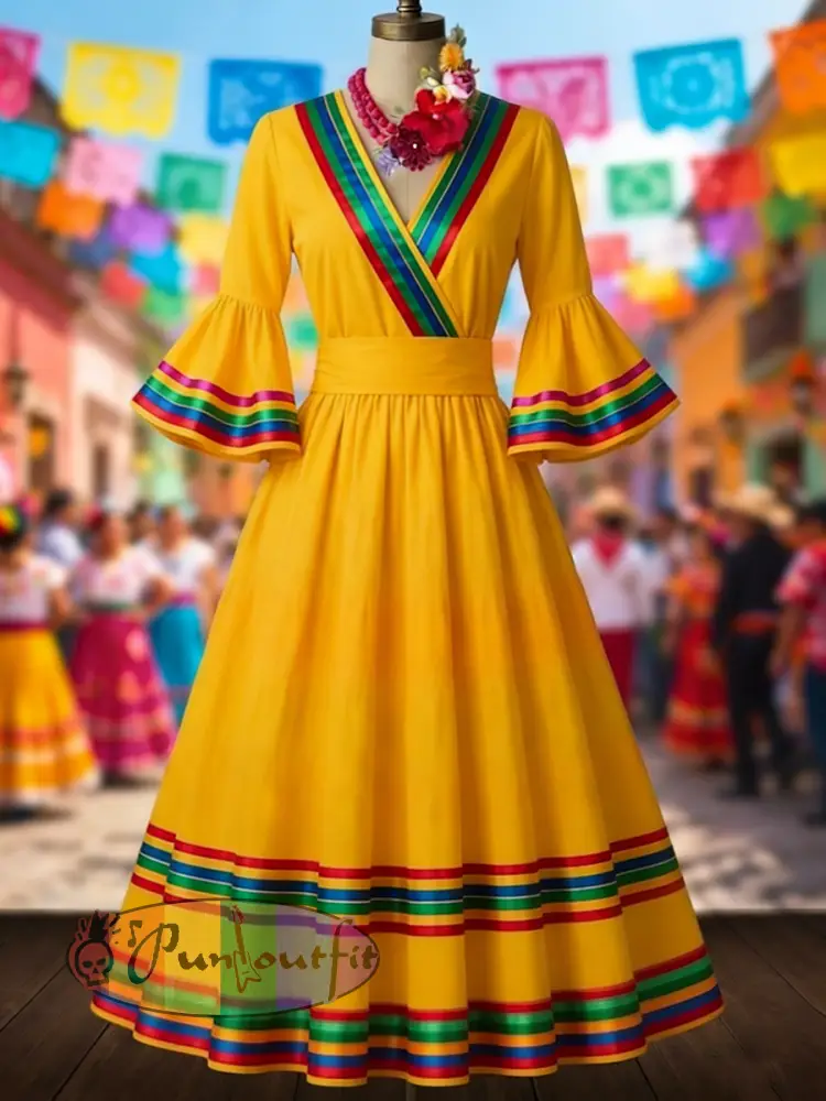 Women’s Mexican Ethnic Stripes Print Flared-Sleeve Dress
