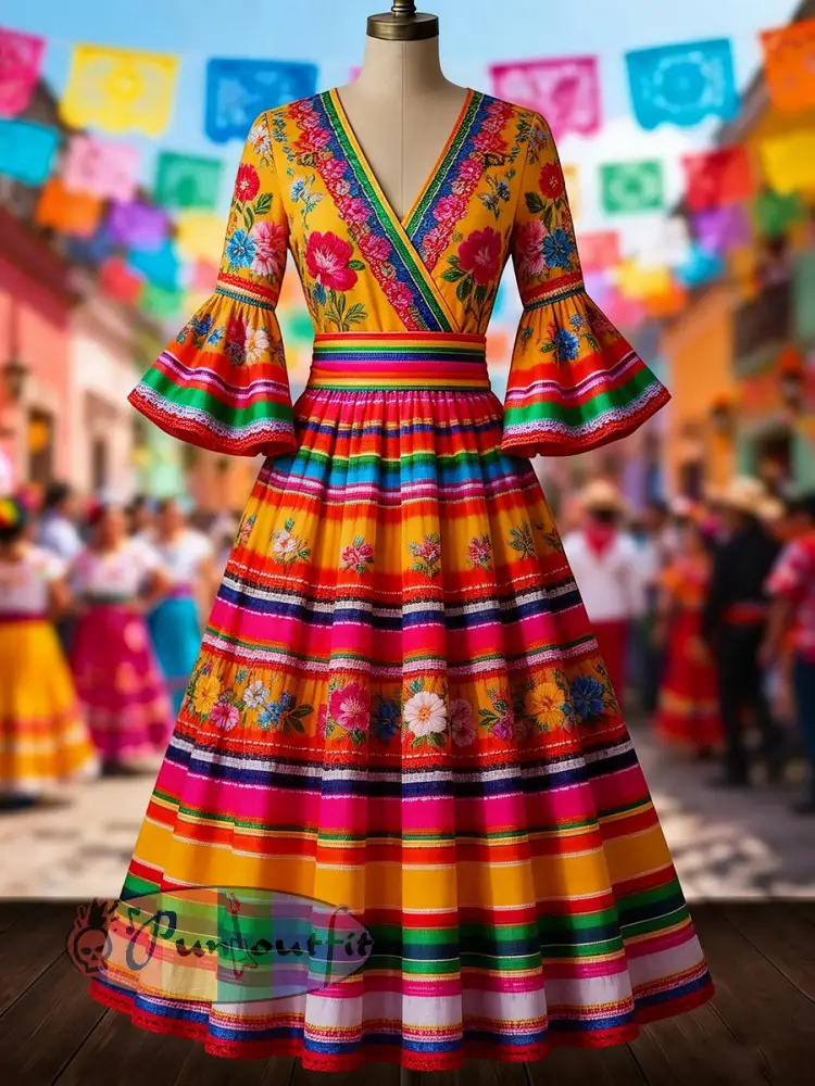 Women’s Mexican Ethnic Floral Print Flared-Sleeve Dress