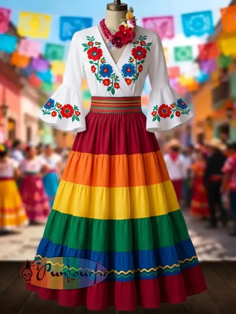 Women’s Mexican Ethnic Floral Print Flared-Sleeve Dress