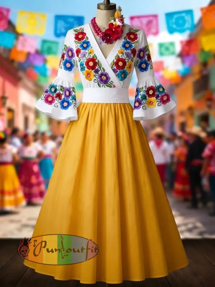 Women’s Mexican Ethnic Floral Print Flared-Sleeve Dress