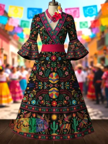 Women’s Mexican Ethnic Floral Print Flared-Sleeve Dress