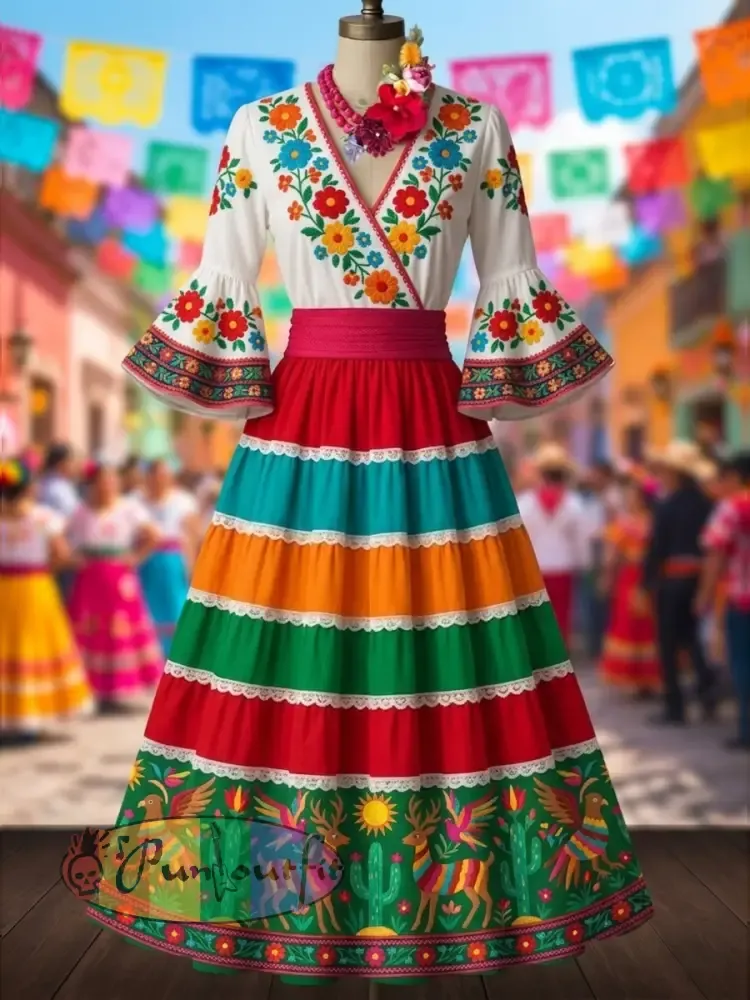 Women’s Mexican Ethnic Floral Print Flared-Sleeve Dress