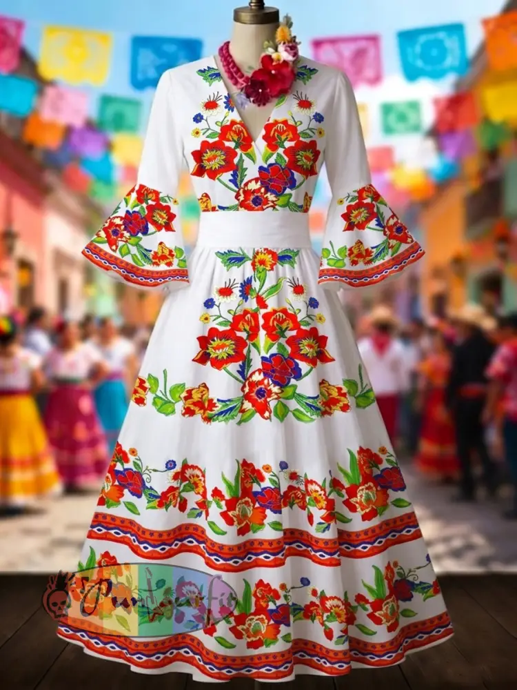 Women’s Mexican Ethnic Floral Print Flared-Sleeve Dress