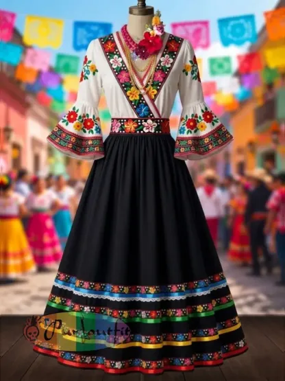 Women’s Mexican Ethnic Floral Print Flared-Sleeve Dress