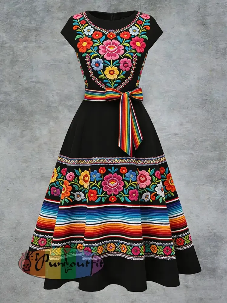 Women’s Elegant Casual Mexican Art Printed Short Sleeve Dress