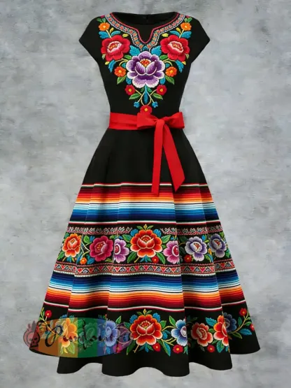 Women’s Elegant Casual Mexican Art Printed Short Sleeve Dress