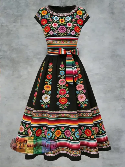 Women’s Elegant Casual Mexican Art Printed Short Sleeve Dress